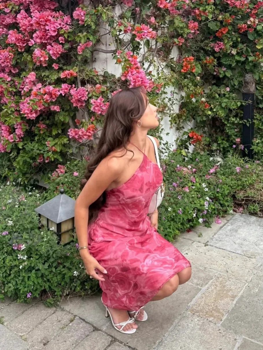 Floral Print Halter Dress With Backless Bodice Sleeveless Bodycon