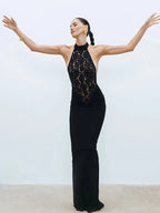 Elegant Lace Patchwork Sleeveless Dress For Women Chic Sheath Style With Hip Wrap