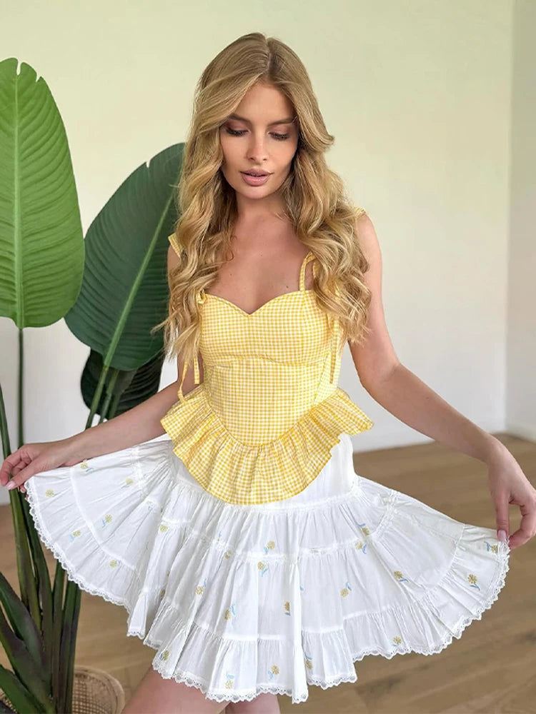 Sunny Plaid Sling Top With Ruffles V Neck Sleeveless