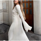 White Knitted Ruffle Maxi Dress With O-Neck And Flare Sleeves