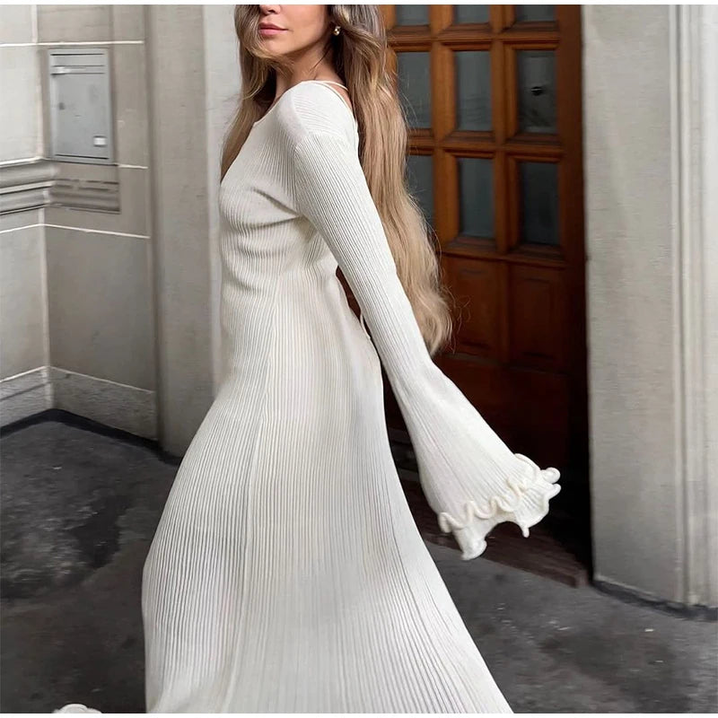 White Knitted Ruffle Maxi Dress With O-Neck And Flare Sleeves