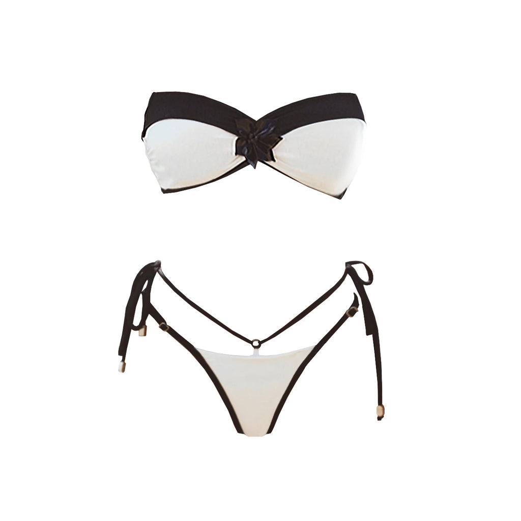 Black Lace Swim Set With Bandeau Halter And Long Skirt