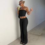 Strapless Crop Top And High Waist Ruched Flare Pants Set