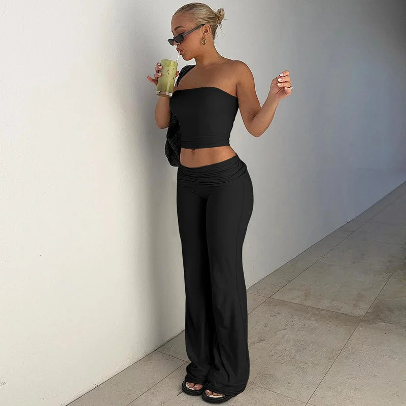 Strapless Crop Top And High Waist Ruched Flare Pants Set