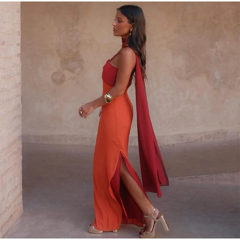 Orange Color Blocking Scarf Collar Maxi Dress For Lady Sleek Cinched Waist Bodycon Silhouette