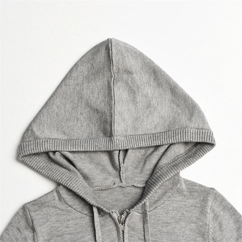 Ribbed Knit Two Piece Tracksuit Set With Hooded Crop Top And Elastic Zippered Pants