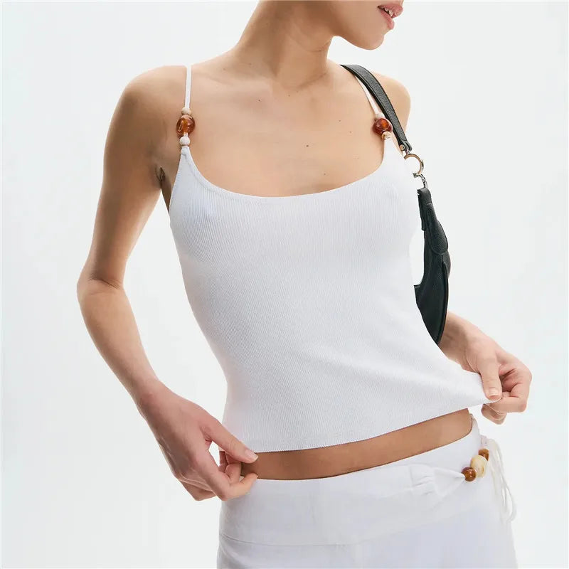 Bead Front Spaghetti Strap Cami Top Casual Sleeveless Crop Top Slim Fit