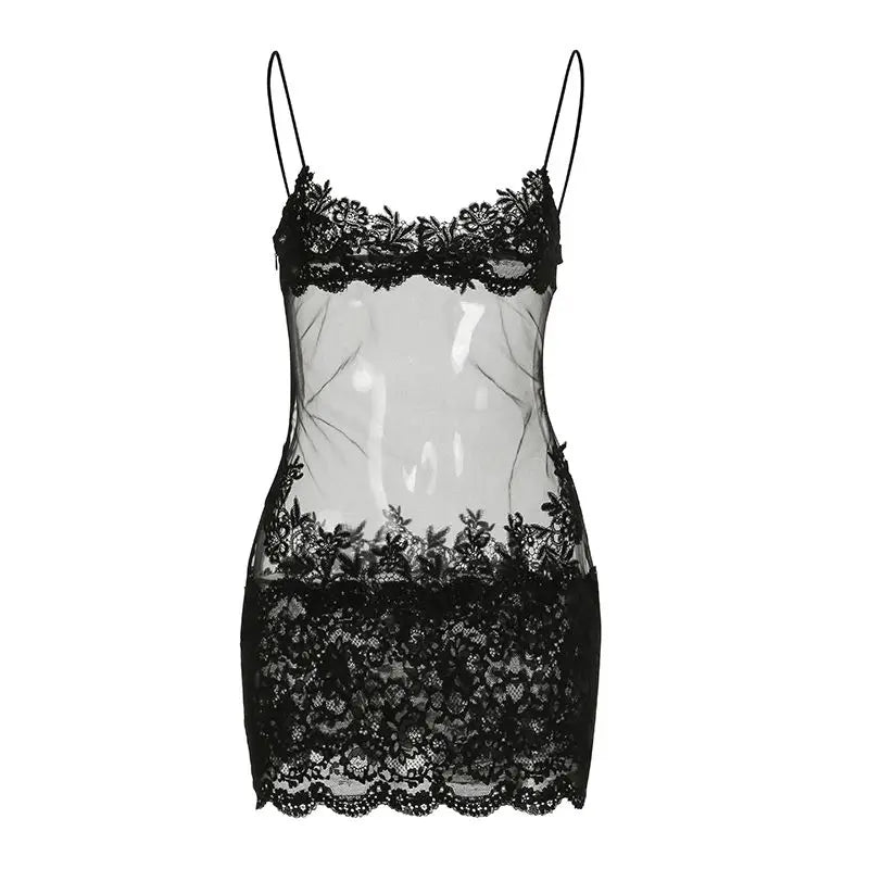 Sheer Lace Mesh Camisole Mini Dress