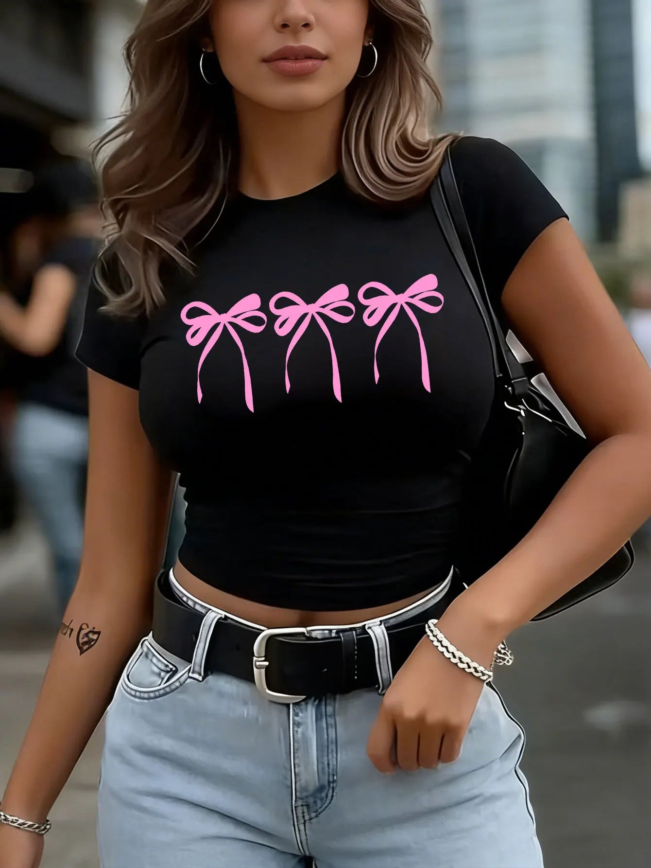 Chic Bow Detail Cropped Tee Short Sleeve Top