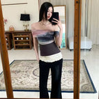 Bold Tie Dye Mesh Crop Top With Slash Neck And Patchwork