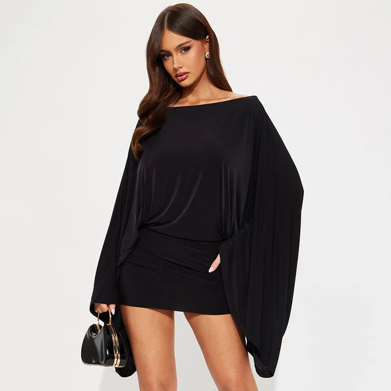 Sexy Slash Neck Two Piece Set With Flare Sleeve Top And Peach Skirt