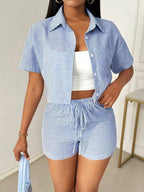 Striped Lapel Shirt And Shorts Two Piece Set