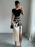 Black Floral Midi Skirt With Ruched And High Slit