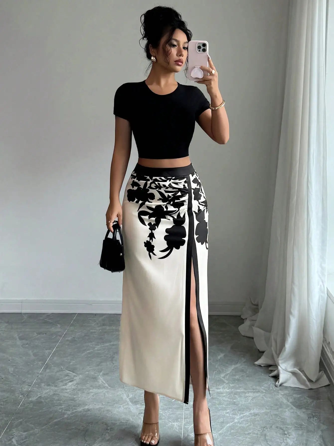 Black Floral Midi Skirt With Ruched And High Slit