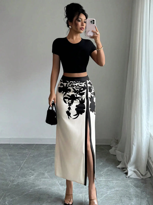 Black Floral Midi Skirt With Ruched And High Slit