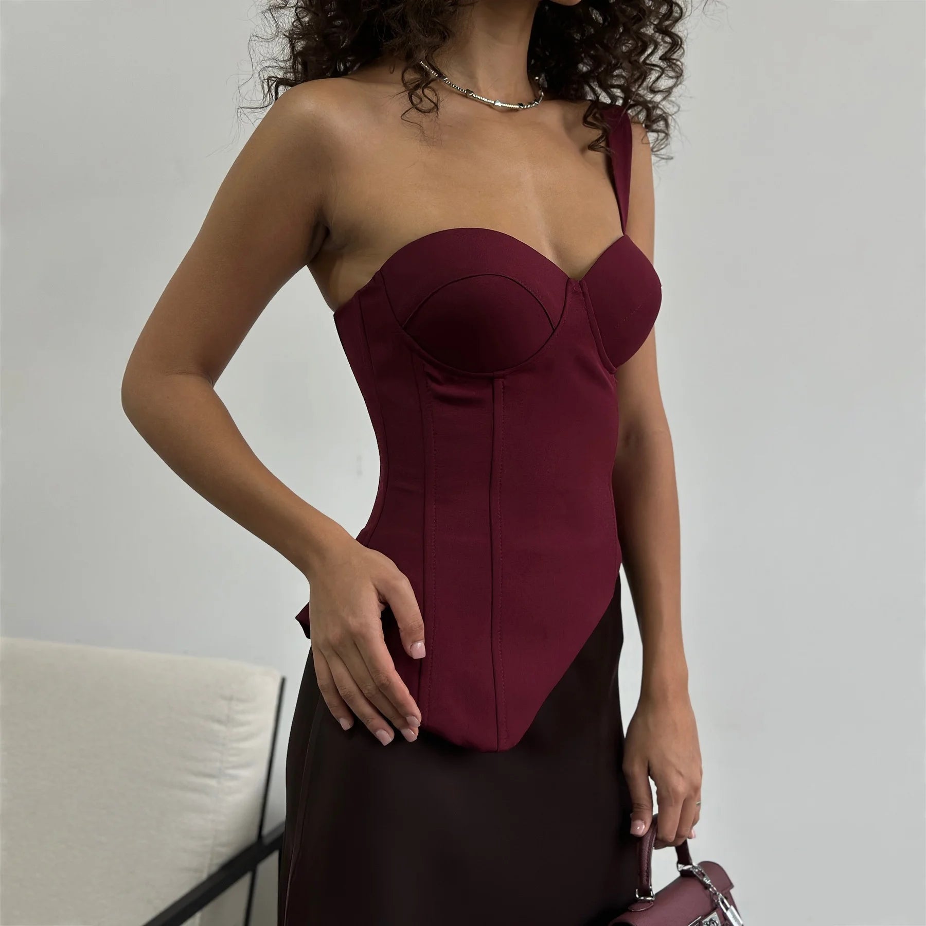 Burgundy One Shoulder Corset Top With Lace Up Back And Asymmetrical Hem Clubwear Night Out