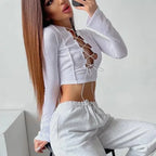 Cross Tie Strap Hollow Out Midriff Top With Long Sleeves
