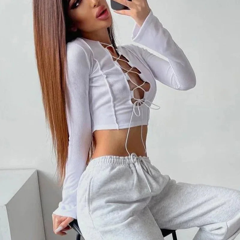 Cross Tie Strap Hollow Out Midriff Top With Long Sleeves