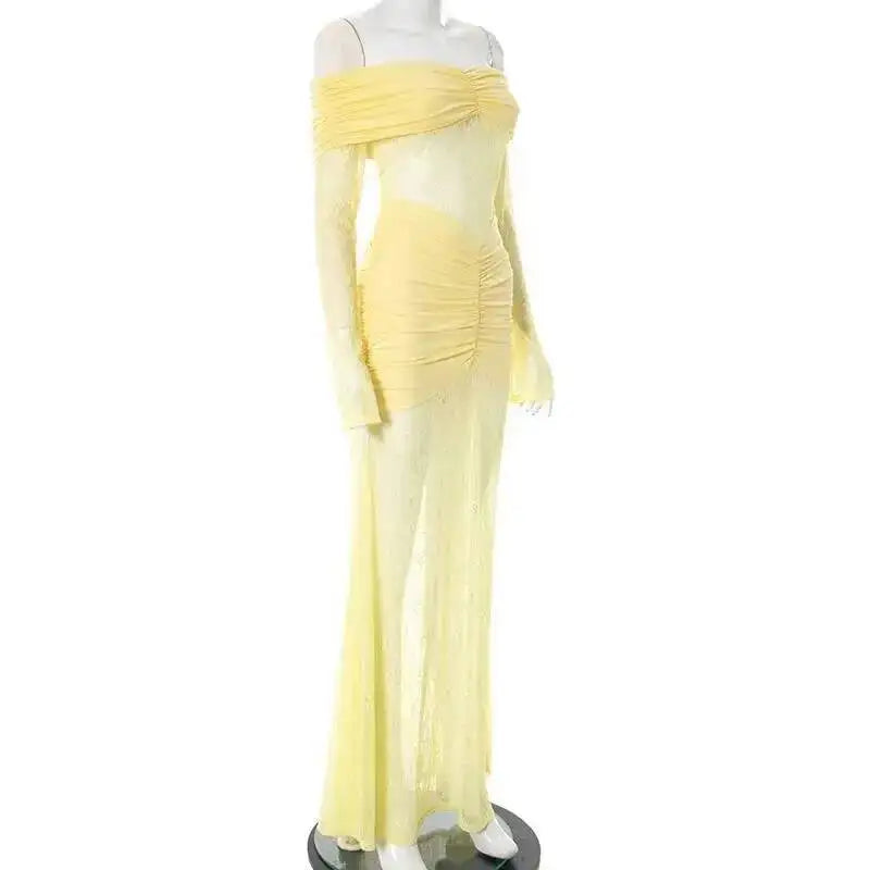 Off Shoulder Pleated Maxi Dress With Lace Patchwork