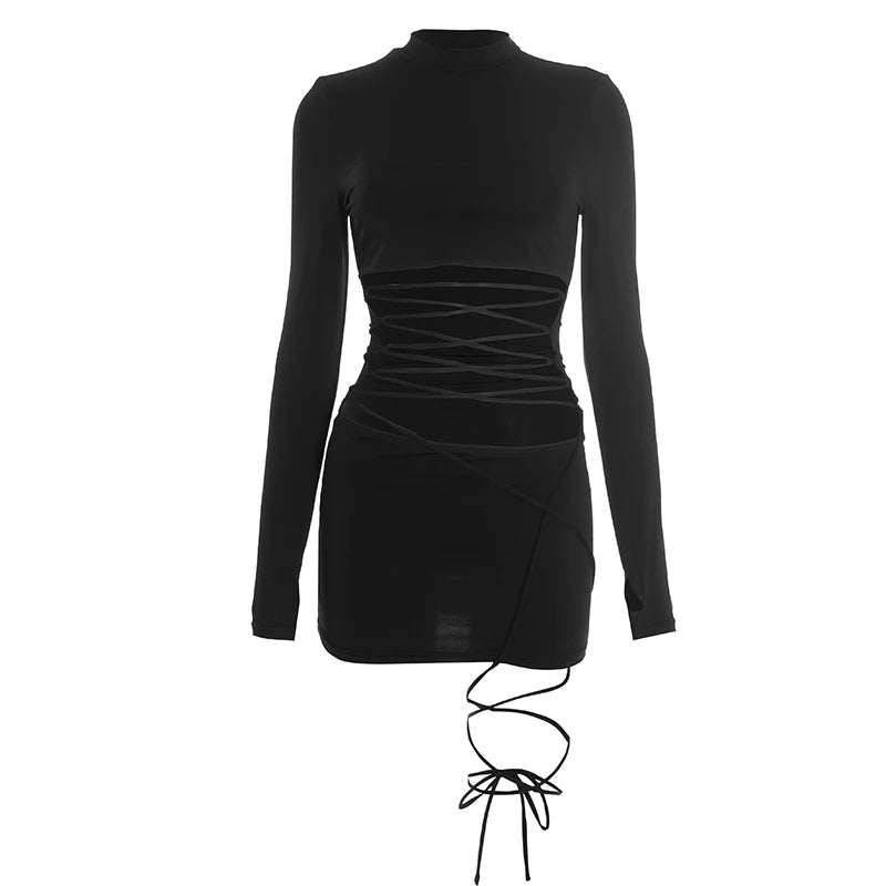 Hollow Out Bandage Mini Dress With High Collar And Long Sleeves