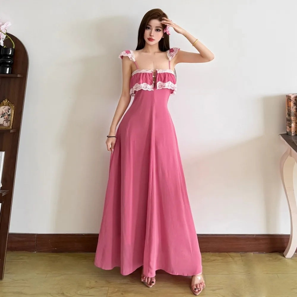 Sweet Style Patchwork Lace Dress With Square Collar Backless Sleeveless Bodycon