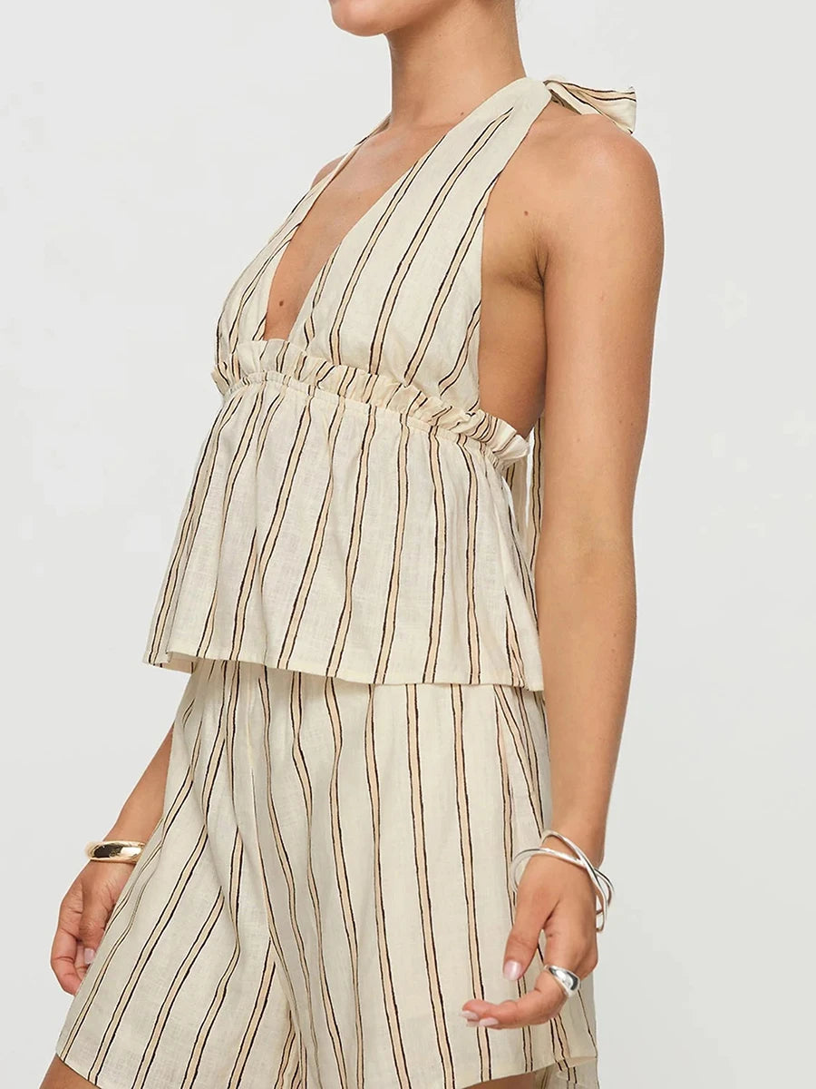 Striped Loungewear Set With Tie Up Halter Top And Elastic Waist Shorts