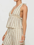 Striped Loungewear Set With Tie Up Halter Top And Elastic Waist Shorts
