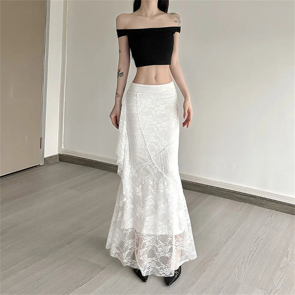 Patchwork Lace Pleated Skirt With High Waist Irregular Hem Cream Ruched Elegance