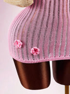 Pink Knitted Set With Sheer Heart Cup Top And Mini Skirt