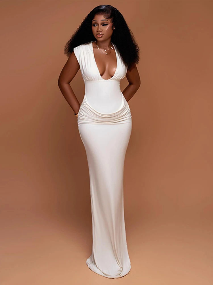 Sleeveless Ruched V Neck Bodycon Maxi Dress