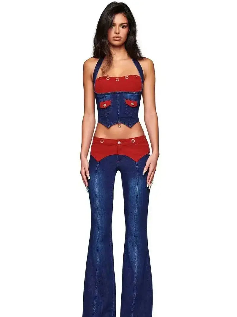 L Corduroy Panel Denim Halter Bustier Top + Flare Jeans