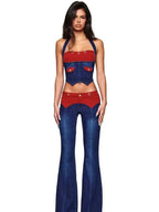 L Corduroy Panel Denim Halter Bustier Top + Flare Jeans