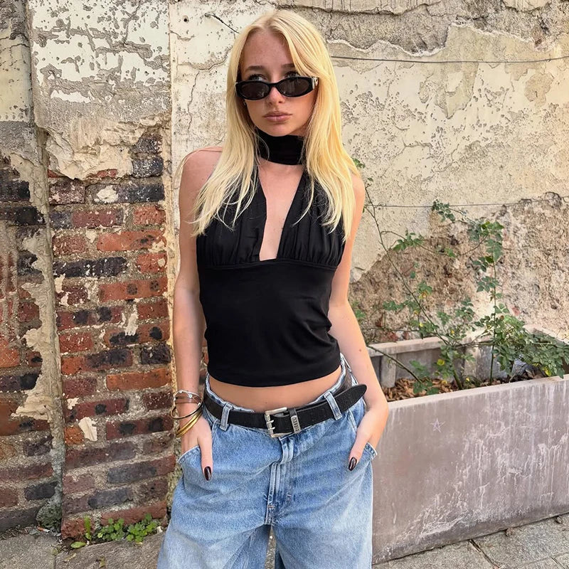 Women Halter Neck Backless Elastic V Neck Crop Top