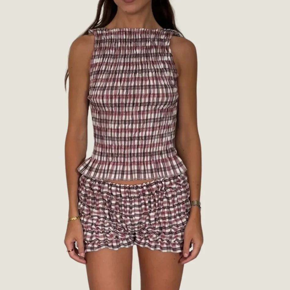 Cozy Two-piece Plaid Shorts Set With Smocked Tank Sleeveless Top And Ruffled Trim