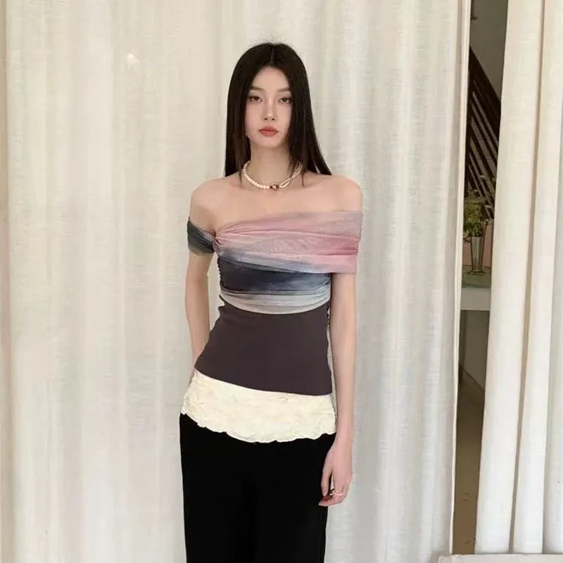 Bold Tie Dye Mesh Crop Top With Slash Neck And Patchwork