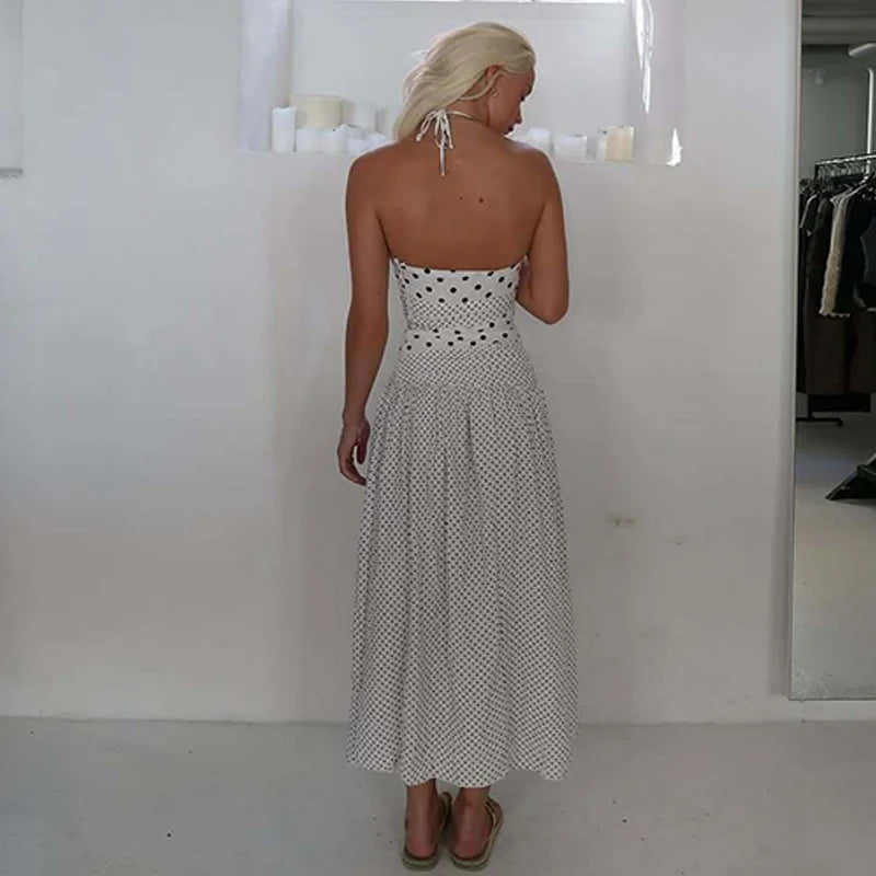Backless Lace Up Polka Dot Maxi Dress
