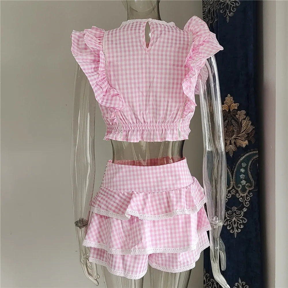 Cotton Plaid Ruffled Top And Shorts Set For Women