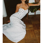 Halter Cami Maxi Dress With Backless Lace Up Ruched Dot Print And Ruffle Trim