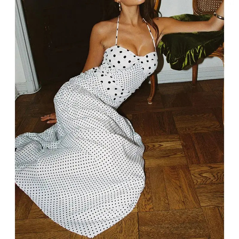 Halter Cami Maxi Dress With Backless Lace Up Ruched Dot Print And Ruffle Trim
