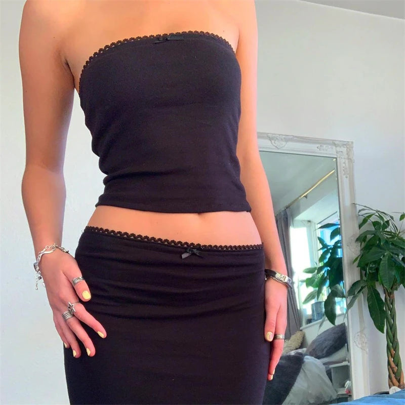 Vintage Vibe Skirt Set Spaghetti Strap Crop Cami Top With Long Pencil Skirt