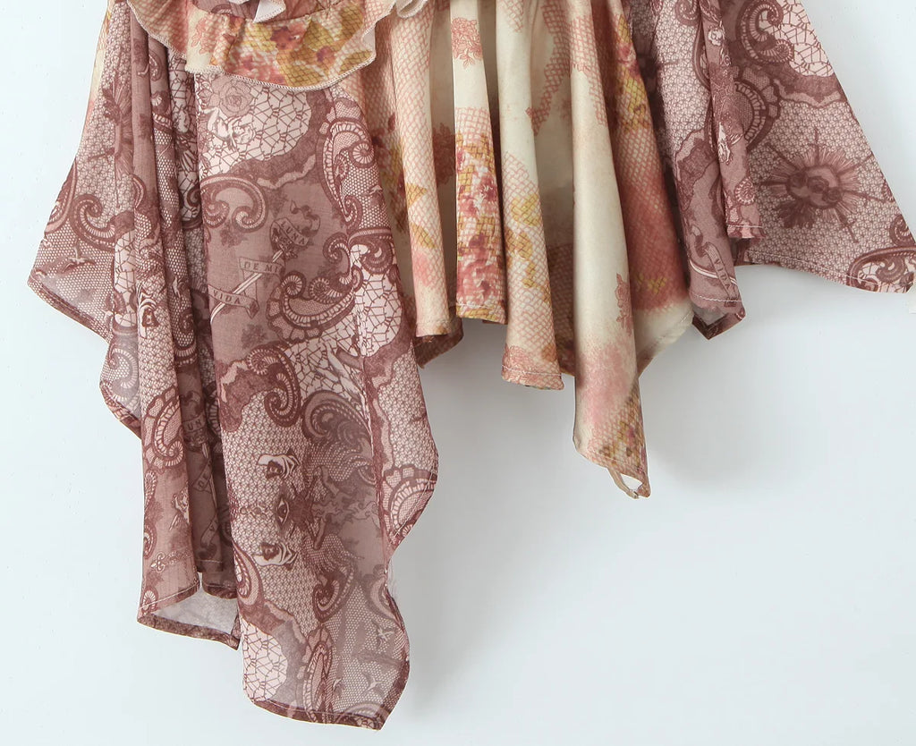 V Neck Paisley Totem Print Mini Dress With Ruffles Pleats And Irregular Hem