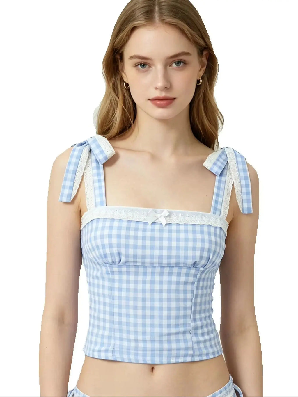 Women New Fashion Sweet Plaid Chic Lace Patchwork French Square Collar Backless Top