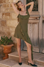 French Vintage Flounce Strap Dress with Irregular Bottom Hem Ribbon