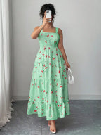 Sweet Cherry Print Gingham Tiered Maxi Dress