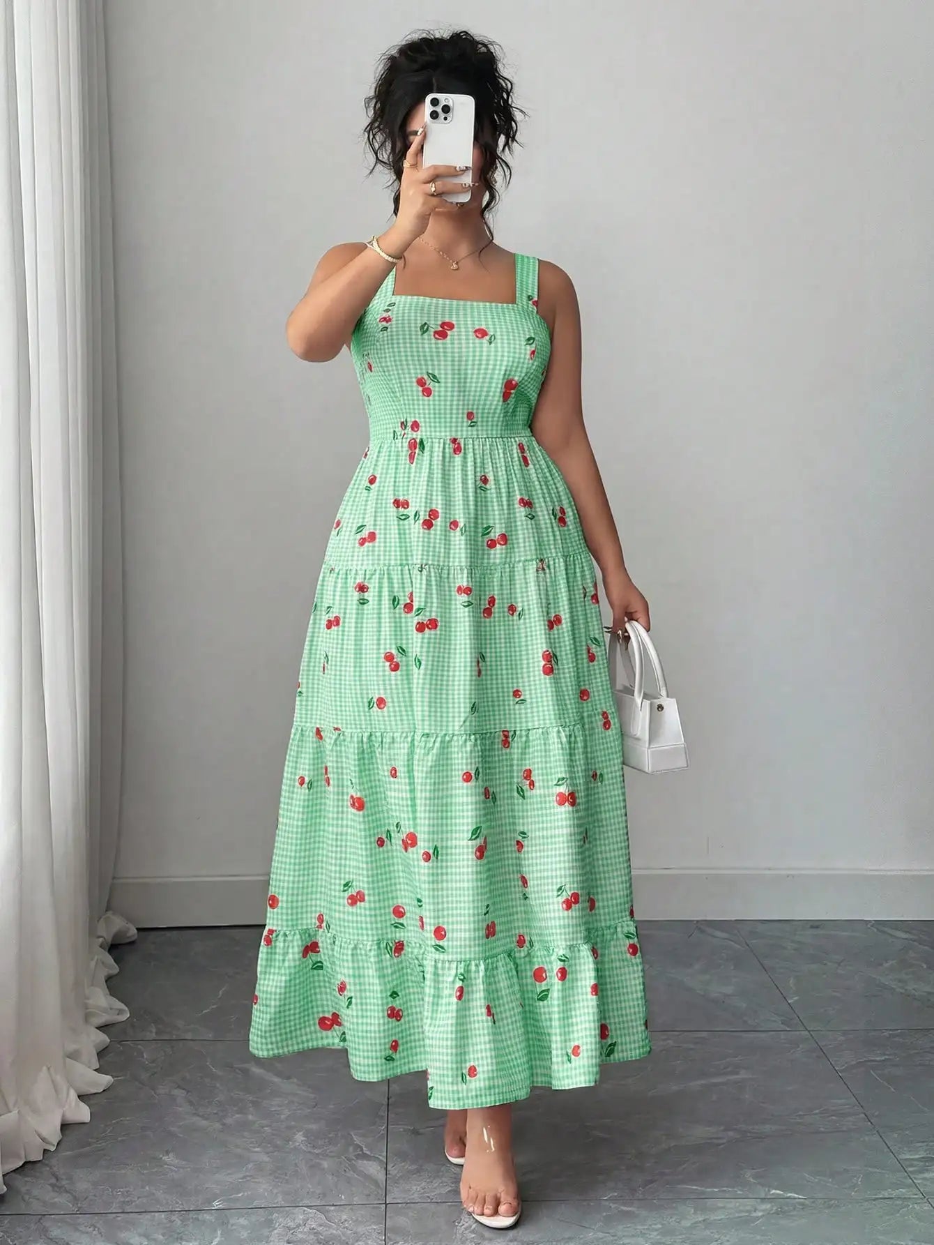 Sweet Cherry Print Gingham Tiered Maxi Dress