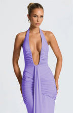 Deep V-Neck Backless Ruched Maxi Dress Halter Gown