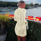Lace Patchwork Hollow Out Mini Dress With Turtleneck And Long Flare Sleeves