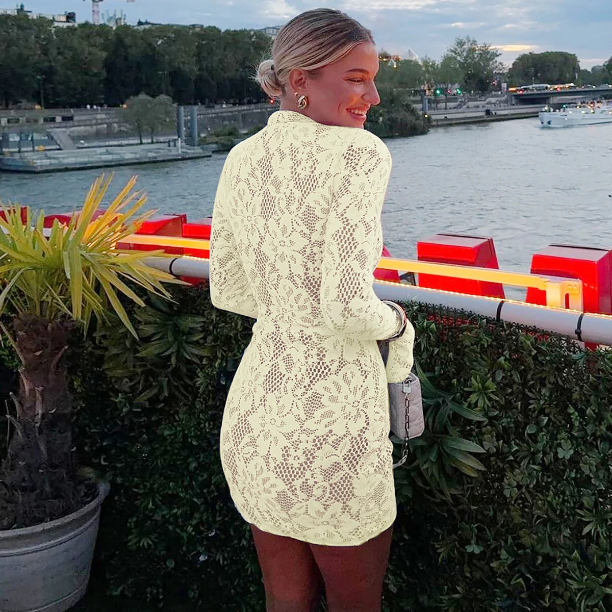 Lace Patchwork Hollow Out Mini Dress With Turtleneck And Long Flare Sleeves