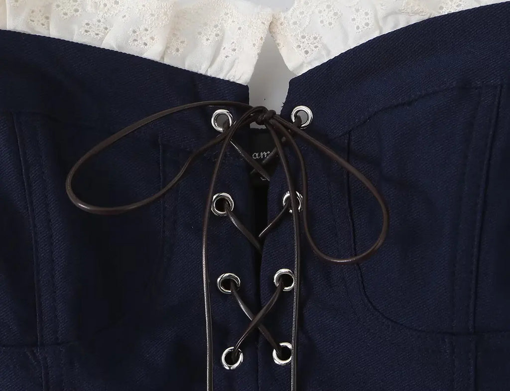Women's Navy Blue Bustier Blouse With White Patchwork Lace-Up Front