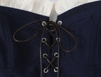 Women's Navy Blue Bustier Blouse With White Patchwork Lace-Up Front